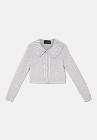 Grå stickad cardigan med en stor krage, prydd med pärlor, knappstängning, långa ärmar och en kortad nederkant.