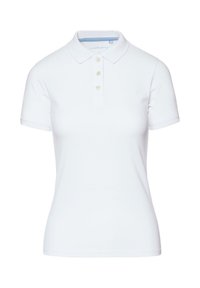 Biała koszulka polo z krótkim rękawem wykonana z bawełny. Posiada klasyczny kołnierzyk, trzy guziki oraz subtelną teksturę. Niebieski detal wewnętrznej części kołnierza.