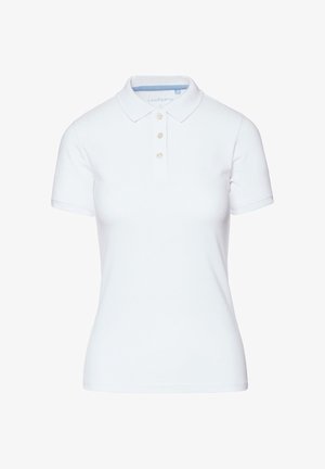 Biała koszulka polo z krótkim rękawem wykonana z bawełny. Posiada klasyczny kołnierzyk, trzy guziki oraz subtelną teksturę. Niebieski detal wewnętrznej części kołnierza.