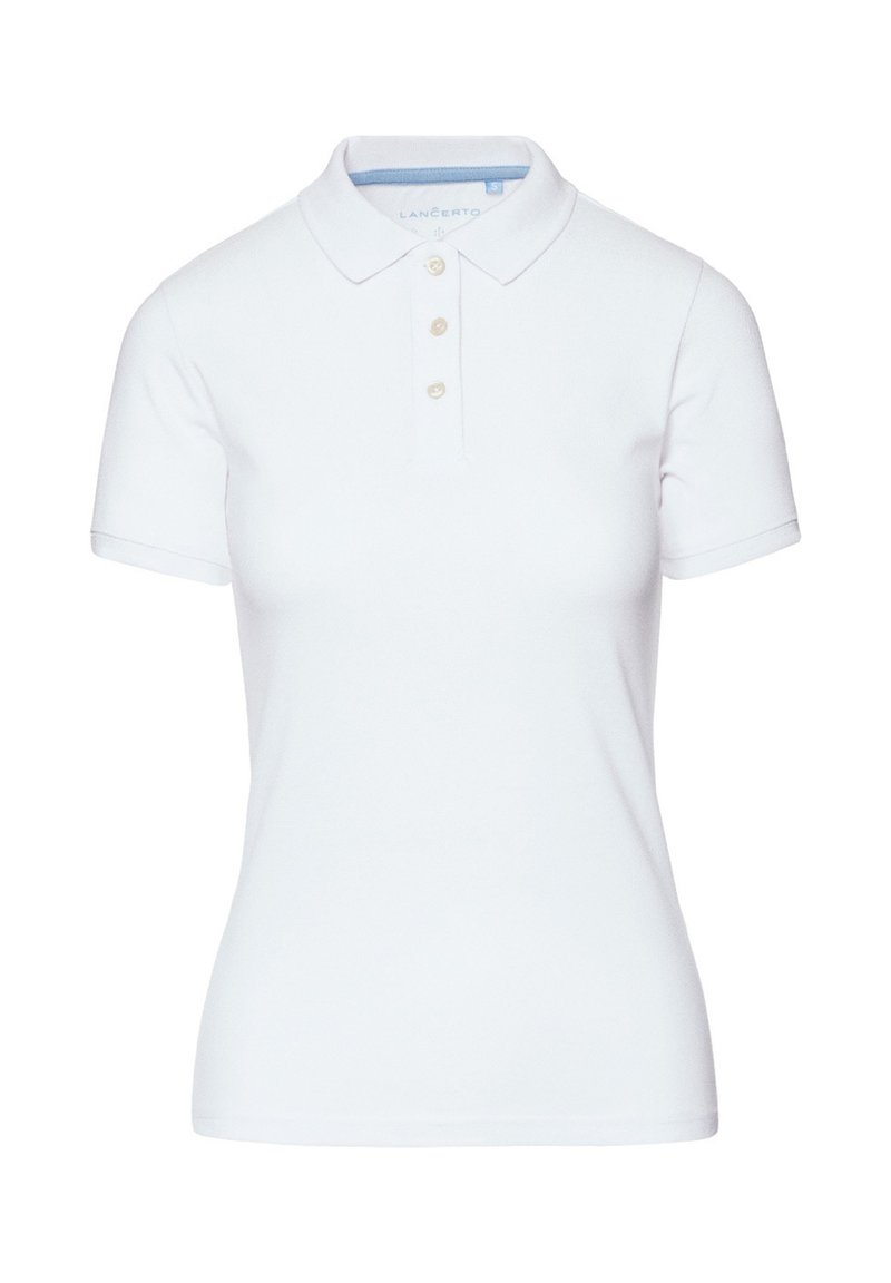 Biała koszulka polo z krótkim rękawem wykonana z bawełny. Posiada klasyczny kołnierzyk, trzy guziki oraz subtelną teksturę. Niebieski detal wewnętrznej części kołnierza.