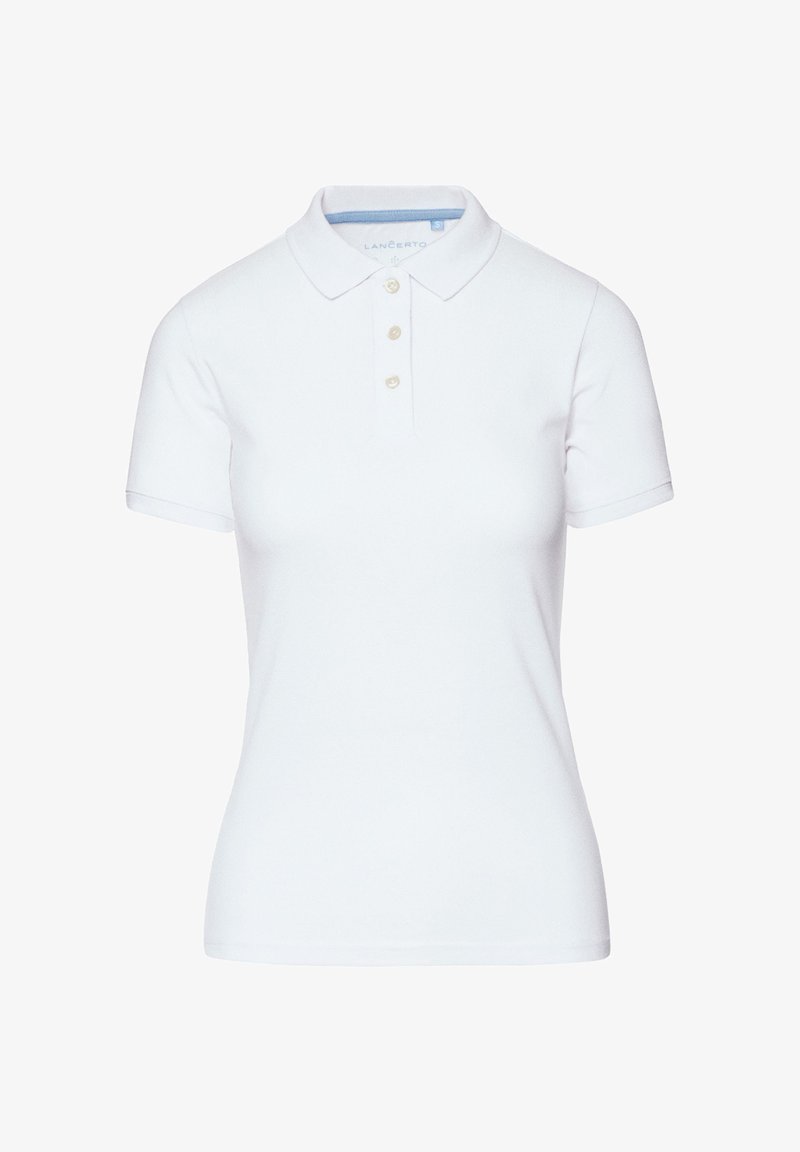 Biała koszulka polo z krótkim rękawem wykonana z bawełny. Posiada klasyczny kołnierzyk, trzy guziki oraz subtelną teksturę. Niebieski detal wewnętrznej części kołnierza.