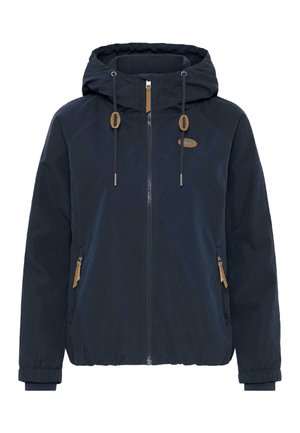 Chaqueta azul marino con capucha, cremallera frontal, cordones ajustables, bolsillos laterales con cremallera y puños elásticos.