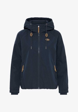 Chaqueta azul marino con capucha, cremallera frontal, cordones ajustables, bolsillos laterales con cremallera y puños elásticos.