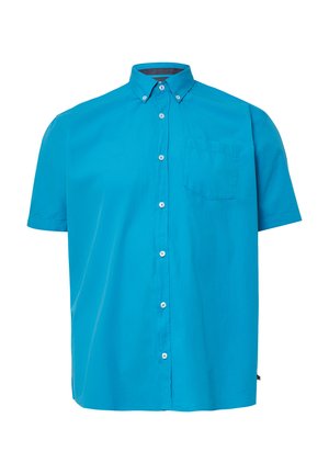 Korte mouwen button-up shirt in heldere turquoise stof, met een enkele borstzak en subtiele textuur. Traditioneel kraagontwerp.