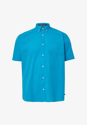 Korte mouwen button-up shirt in heldere turquoise stof, met een enkele borstzak en subtiele textuur. Traditioneel kraagontwerp.