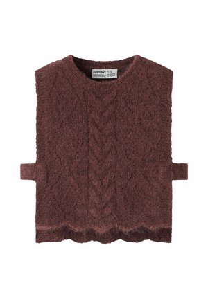 Gilet sans manches en tricot mauve foncé avec des pattes latérales et un motif tressé central, conçu pour les enfants âgés de 1 à 2 ans.