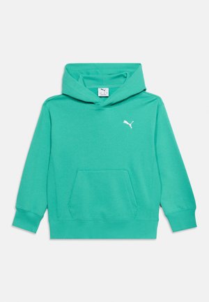 Hoodie turquoise vert à manches longues avec poche avant et logo Puma blanc sur la poitrine, présenté sur un fond uni.