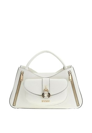 Borsa a mano in pelle bianca con manico superiore curvo, tasca frontale chiusa da una fibbia dorata con emblema "G" e due dettagli verticali con cerniere dorate.
