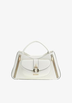 Borsa a mano in pelle bianca con manico superiore curvo, tasca frontale chiusa da una fibbia dorata con emblema "G" e due dettagli verticali con cerniere dorate.