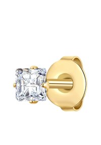 Gold stud earring featuring a large square clear crystal. The crystal is faceted, with a polished gold setting and a secure backing.