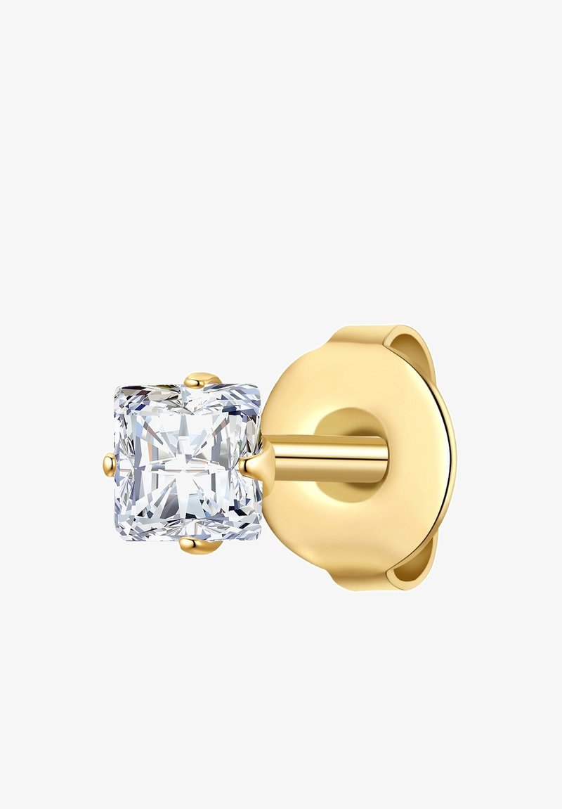 Gold stud earring featuring a large square clear crystal. The crystal is faceted, with a polished gold setting and a secure backing.