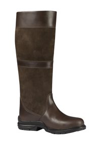 Bota marrón hasta la rodilla, hecha de cuero y ante, con una textura suave, punta redondeada y una suela de goma resistente.