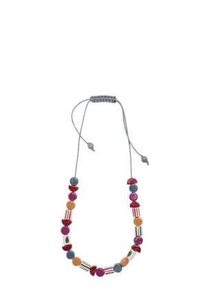 Náhrdelník s nastaviteľným šnúrkovým zapínaním a viacfarebnými keramickými korálkami v červenej, modrej, ružovej, oranžovej a bielej farbe s pruhmi a vzormi listov.