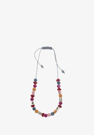 Reguliuojamas virvelės kaklo papuošalas su įvairiaspalvėmis keramikinėmis karoliukėmis, raudonos, mėlynos, rožinės, oranžinės ir baltos spalvų, su dryžiais ir lapų raštais.