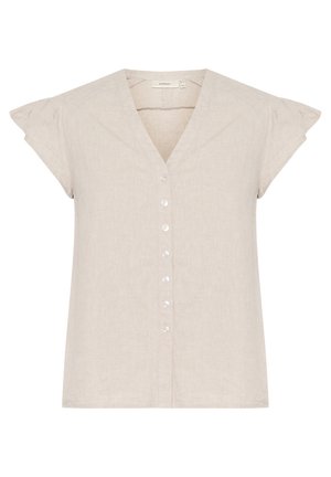 Heledbeez värvi lühikeste varrukatega pluus V-kaelusega, millel on nööpide esiosa ja peened õlavarre volangid tekstureeritud kangast.