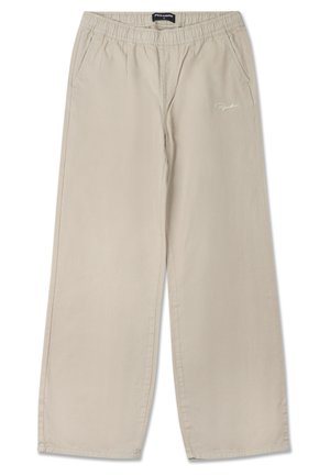 Beige wide-leg pants with an elastic waistband, side pockets, and embroidered logo on the front. Made from soft, lightweight fabric.