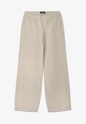 Beige wide-leg pants with an elastic waistband, side pockets, and embroidered logo on the front. Made from soft, lightweight fabric.