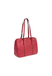 Rode faux leren handtas met twee lange bandjes, rechthoekige vorm, gestroomlijnd ontwerp, met zwarte accenten en een gladde textuur.