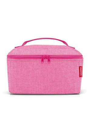 Bolsa de almuerzo aislada rectangular rosa con tela texturizada, cierre de doble cremallera y un asa en la parte superior para facilitar el transporte.