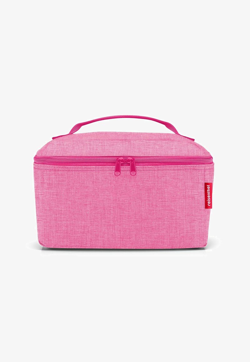 Bolsa de almuerzo aislada rectangular rosa con tela texturizada, cierre de doble cremallera y un asa en la parte superior para facilitar el transporte.