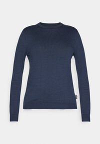 Mörkblå stickad tröja med långa ärmar, rund halsringning och ribbade ärmslut. Har en liten vit etikett på nedre högra sidan.