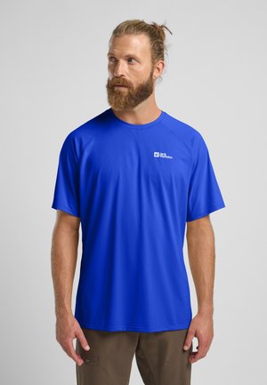 Korte mouwen, felblauw sport T-shirt gemaakt van gladde, vochtregulerende stof. Bevat een subtiel logo op het linker borstgebied.