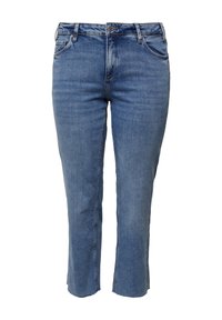 Jean en denim bleu clair avec coupe droite, fermeture éclair, cinq poches et détails légèrement décolorés à l'avant. Fini avec une taille classique.