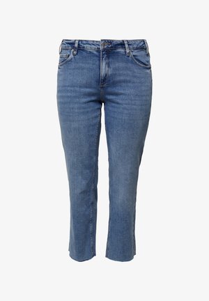 Light blue denim jeans with a straight cut, zip fly, five pockets, and subtle faded detail on the front. Finished with a classic waistband.