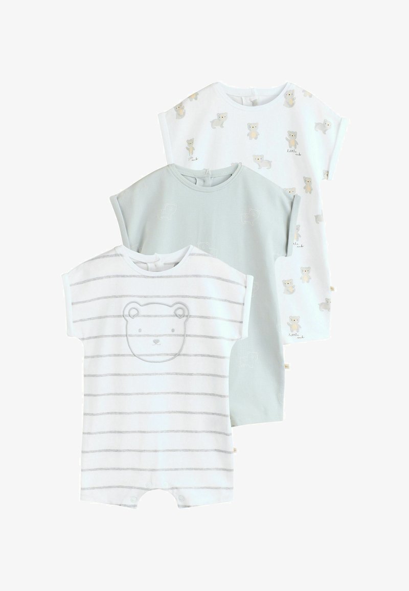 Trois grenouillères bébé à manches courtes, une blanche avec des rayures d’ours grises, une gris clair unie avec des motifs d’ours discrets, et une blanche avec de petits motifs d’ours.