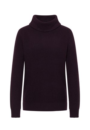 Fioletowy sweter z golfem o teksturze prążkowanej, z długimi rękawami i luźnym krojem. Prosty design bez widocznych elementów metalowych czy akcentów.