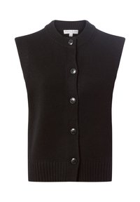 Schwarze ärmellose Strickjacke mit geripptem Saum, rundem Halsausschnitt und Knopfverschluss. Aus weichem Strickmaterial gefertigt und mit glatter Textur.