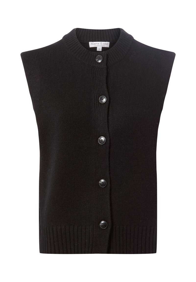 Schwarze ärmellose Strickjacke mit geripptem Saum, rundem Halsausschnitt und Knopfverschluss. Aus weichem Strickmaterial gefertigt und mit glatter Textur.