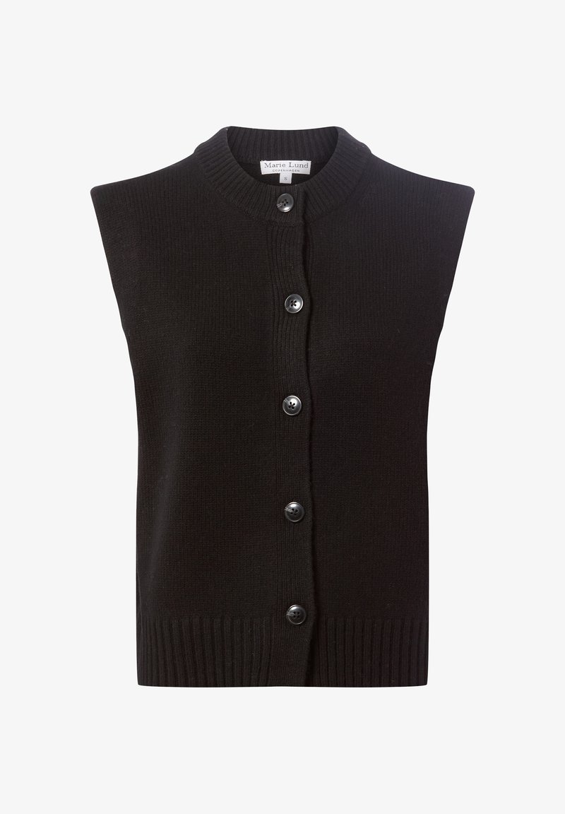 Schwarze ärmellose Strickjacke mit geripptem Saum, rundem Halsausschnitt und Knopfverschluss. Aus weichem Strickmaterial gefertigt und mit glatter Textur.