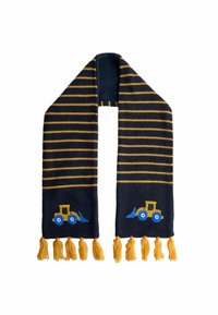 Mėlynos spalvos megzta šalikas su geltonomis juostelėmis. Kiekviename gale yra mėlynos spalvos traktoriaus dizainas ir geltonos kutai. Minkšta tekstūra.