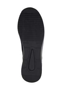 Semelle de chaussure en caoutchouc noir avec des motifs de grip horizontaux, une zone de orteil arrondie et un design moulé présentant un logo près du centre.