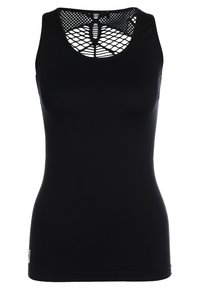 Černý bezrukávový sportovní top s kulatým výstřihem a síťovanou panelem s geometrickými výřezy na horní části zad.