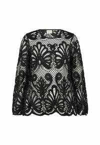 Top in pizzo nero con dettagli floreali, maniche lunghe e scollatura rotonda. Il design intricato crea un aspetto texturizzato.