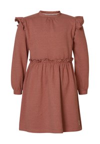 Rot-weiße karierte Kleid mit langen Ärmeln, gerafften Schulterakzenten, einem runden Ausschnitt und einer taillierten Taille. Strukturierter gewebter Stoff.