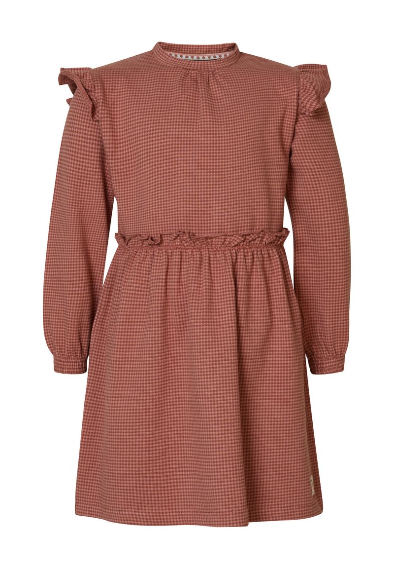 Rot-weiße karierte Kleid mit langen Ärmeln, gerafften Schulterakzenten, einem runden Ausschnitt und einer taillierten Taille. Strukturierter gewebter Stoff.