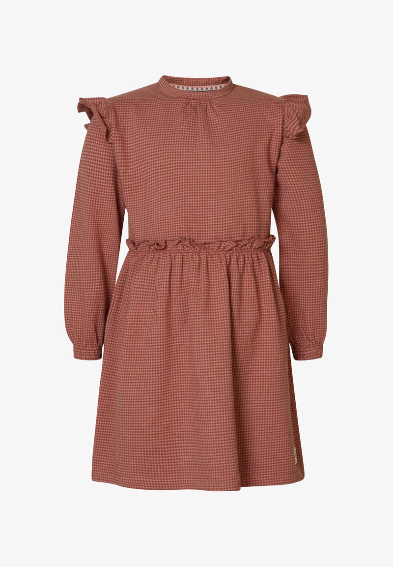 Rot-weiße karierte Kleid mit langen Ärmeln, gerafften Schulterakzenten, einem runden Ausschnitt und einer taillierten Taille. Strukturierter gewebter Stoff.