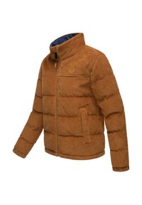 Bruine corduroy jas met een hoge kraag, gewatteerd ontwerp, rits aan de voorkant en twee zijzakken, met een blauwe binnenvoering.
