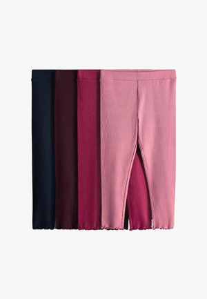 Four pairs of ribbed cropped leggings in navy, dark burgundy, dark pink, and light pink, arranged side by side on a white background.