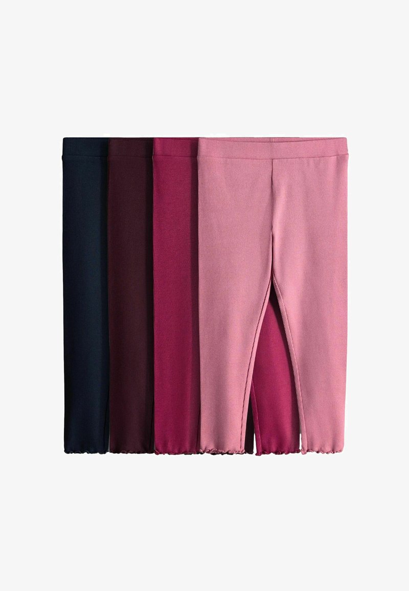 Cuatro pares de leggings cropped acanalados en azul marino, burdeos oscuro, rosa oscuro y rosa claro, dispuestos lado a lado sobre un fondo blanco.