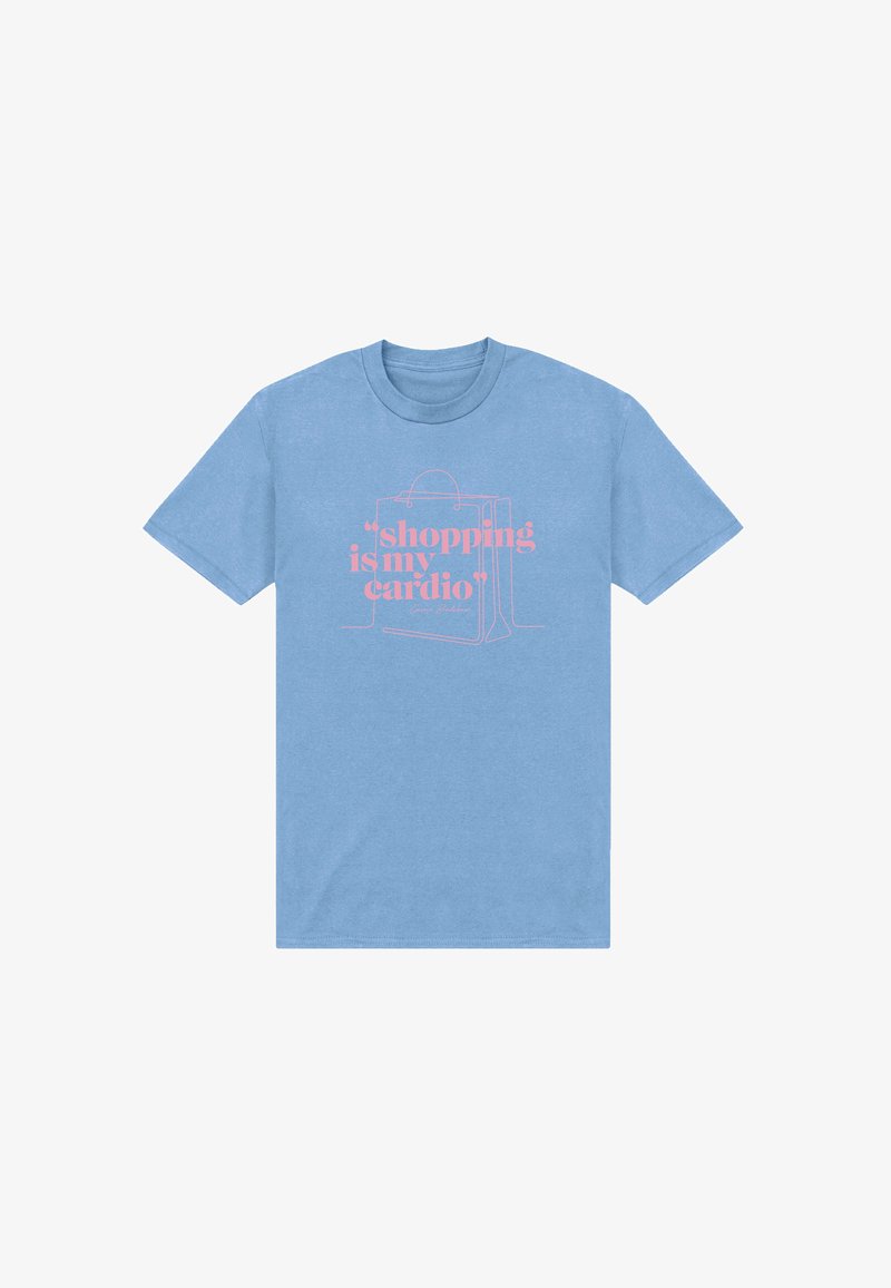 Modré tričko s krátkými rukávy s růžovým nápisem a obrysem nákupních tašek s textem "nakupování je moje kardio."