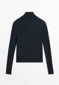Black ribbed long-sleeve sweater with a high neck and fitted cuffs, laid flat showing the back side on a white background.