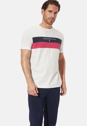 Men's short-sleeve T-shirt, white with navy and pink horizontal stripes. Lightweight cotton fabric, featuring "ESTABLISHED IN 1992" text.