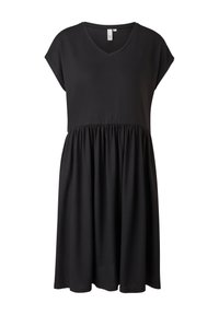 Robe noire longueur genou avec décolleté en V, manches courtes et taille froncée. Design simple et ample sur fond blanc.