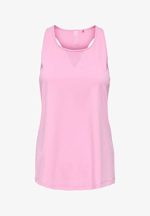 Débardeur de sport rose sans manches avec un design dos nageur et un petit détail triangulaire perforé sous l'encolure.