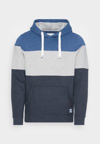 Hoody in blauwe en grijze tinten. Gemaakt van zacht materiaal met een voorvak, koordsluiting en ribgebreide manchetten en zoom.