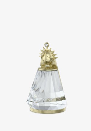 Pieza decorativa de cristal con un cuerpo claro facetado, un motivo de sol dorado en la parte superior y un acento claro redondo. Diseño geométrico con textura suave.